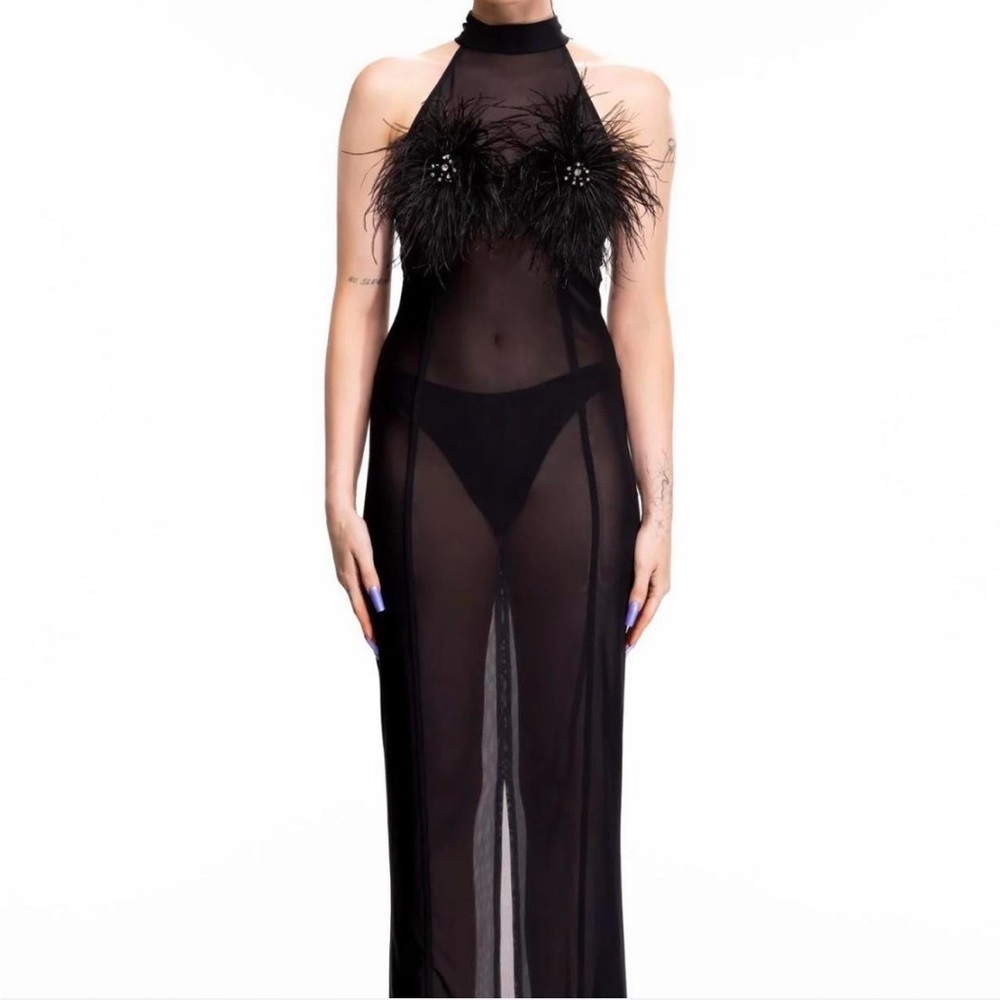 Sheer Black Strapless Feather Maxi Dress